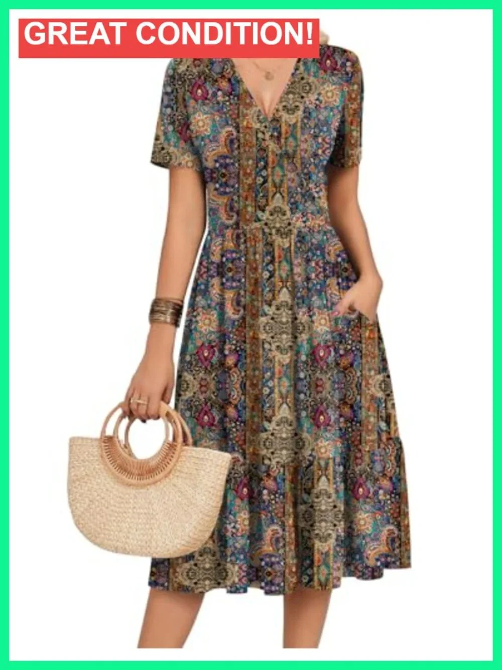 Short Sleeve Midi Wrap V-Neck Floral Tiered A-Line Dress with Pockets - Picture 1 of 6